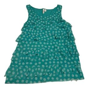 Elle Women’s Large Turquoise & White Sleeveless Blouse - Ruffle Fringe Design